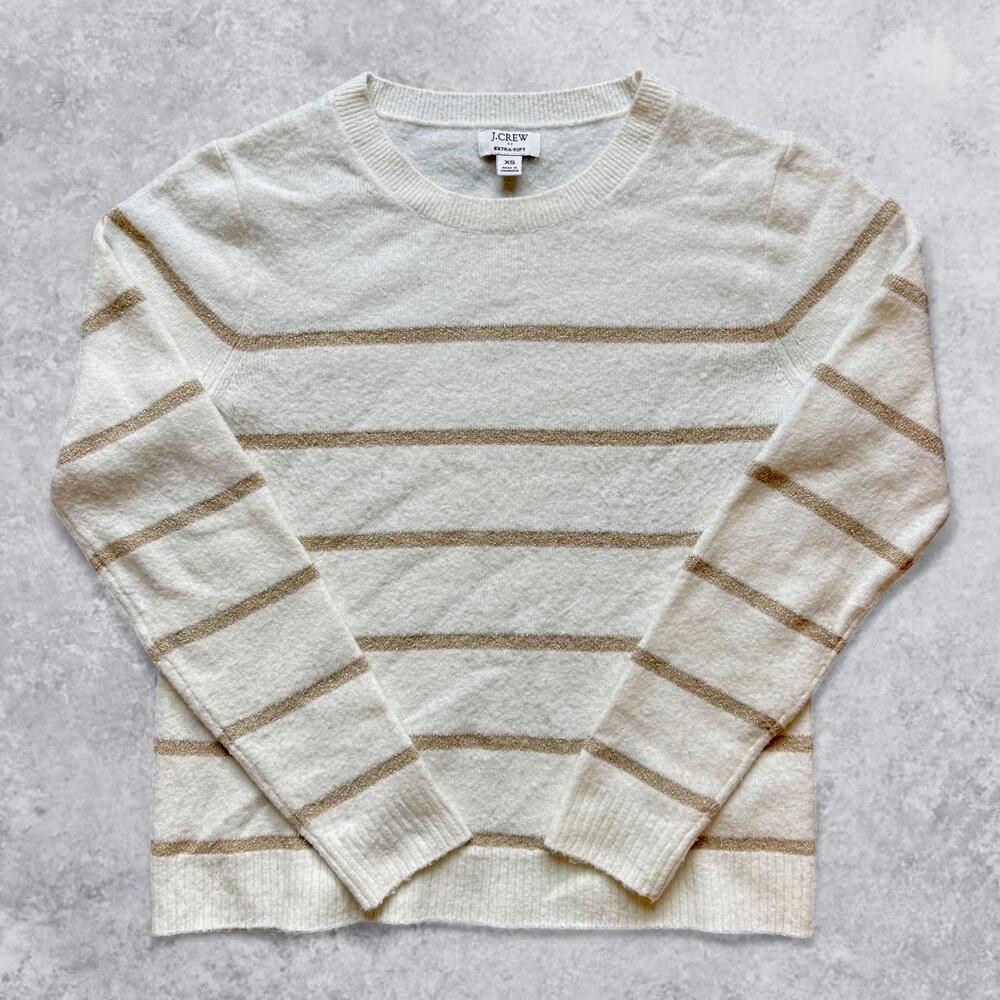 J Crew Cream Gold Glitter Striped Sweater Wool Cotton Blend Crewneck - XS